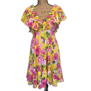 NWT Umgee Floral V-Neck Mini Dress Yellow Pink Ruffle Spring Size‎ Small